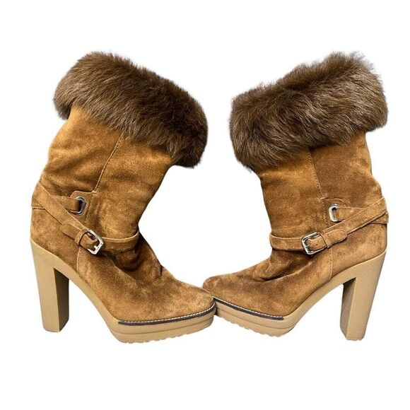 Ralph Lauren Purple Label Shoes - RALPH LAUREN Suede Boots PURPLE LABEL Brown High Heel Shearling Fur Trim SZ 7